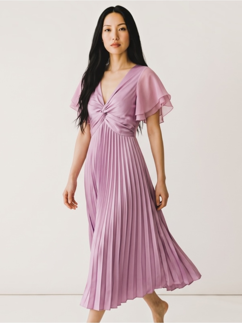 Petal + Pup XS Mauve Pleated Midi Dress Flutter Sleeve